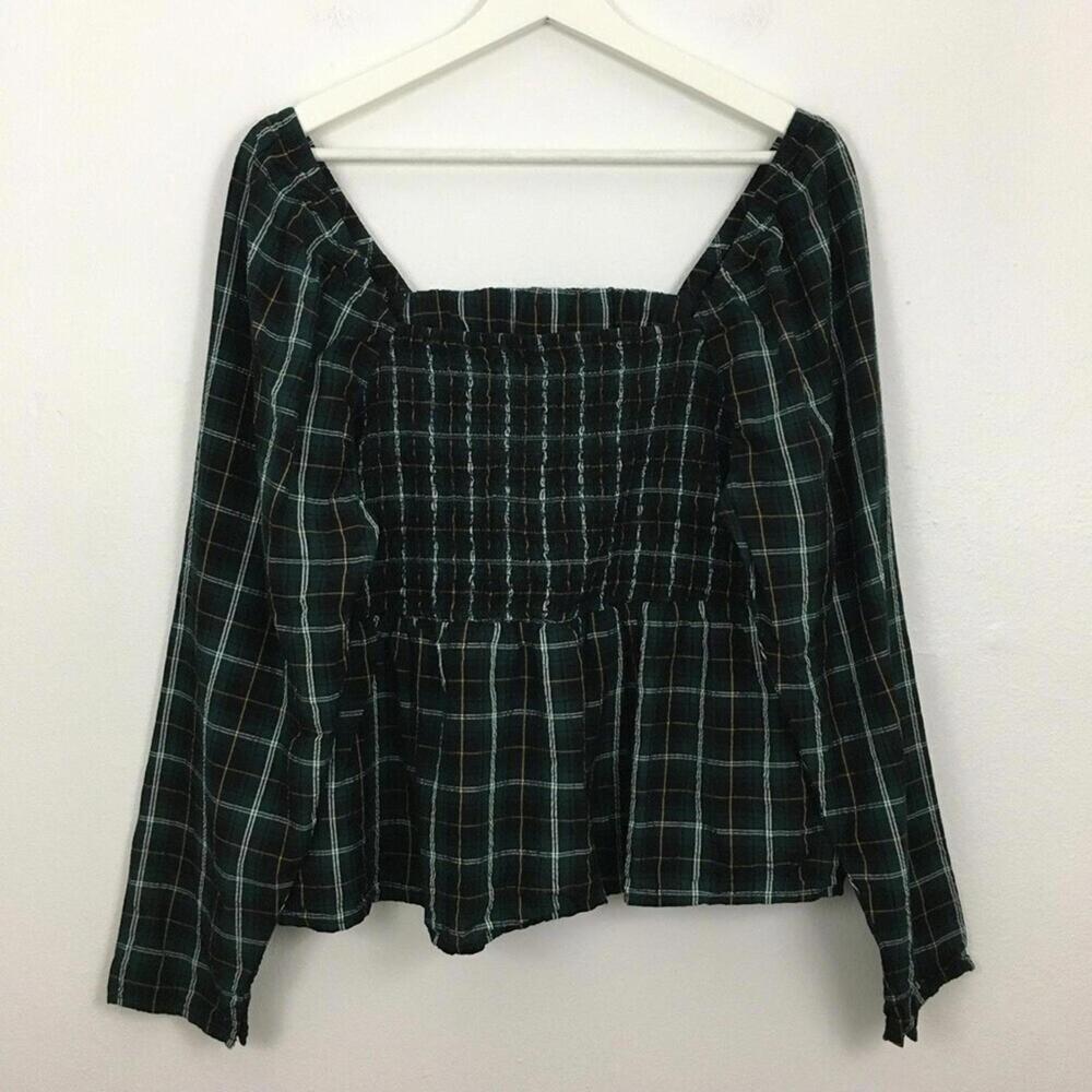 Old Navy Women’s Green Tartan Smocked Seersucker Top Size XL